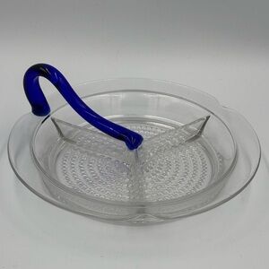 Vintage Duncan Miller Glass Teardrop Pattern Relish with Cobalt Blue Handle